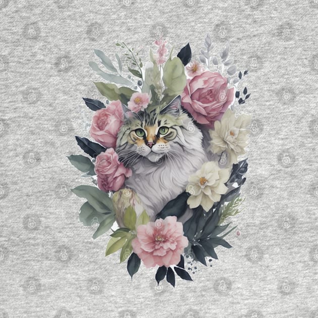 Fluffy Cat around Flowers: Scattered Watercolor in Pastel Colors by General Corner